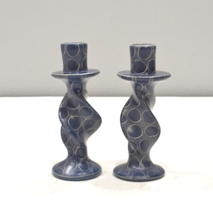 African Carved Soapstone Candle Holder Set Abstract Design Kenya