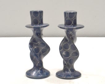 African Carved Soapstone Candle Holder Set Abstract Design Kenya