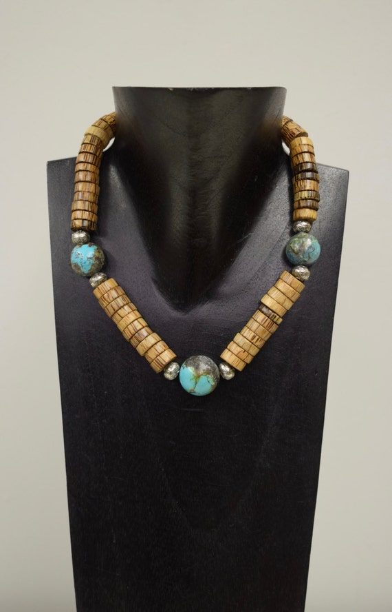 Necklace Chinese Turquoise Round Stones Palm Wood 