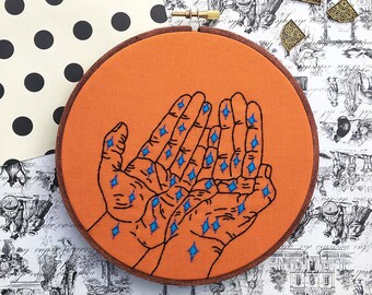 Star Hands Hand Embroidery Astrology Astronomy Embroidery Science Stars Night Sky Constellation Galaxy Space Stitched Art Hand Shape Art