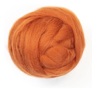 May include: A ball of orange wool roving, ideal for fiber art projects. The wool is a warm, earthy tone, perfect for needle felting, wet felting, or spinning. The fibers are soft and fluffy, and the ball is approximately 6 inches in diameter.