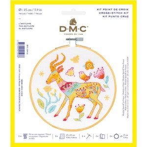 May include: A cross-stitch kit featuring a colourful illustration of an antelope with birds and flowers. The kit includes a 5.9-inch embroidery hoop, DMC thread, and instructions. The kit is titled "L'Antilope" and is made in China.