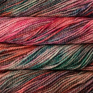 May include: Close-up of colorful yarn skeins. The yarn features a blend of vibrant colors, including shades of pink, red, green, and brown. The texture of the yarn is visible, with each strand tightly twisted. Ideal for knitting and crochet projects.