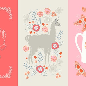 Puede incluir: Tres ilustraciones sobre un fondo rosa, crema y rosa claro. La primera ilustración es una imagen dibujada a mano de dos manos sosteniendo una bola de hilo con una forma de corazón en la parte superior del hilo. La segunda ilustración es una imagen dibujada a mano de una llama de pie en un campo de flores. La tercera ilustración es una imagen dibujada a mano de una tetera blanca con un diseño de pájaro en el lateral. La tetera está rodeada de flores.