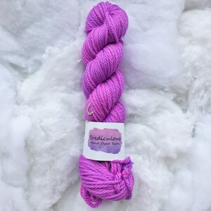 May include: A skein of hand-dyed yarn in a bright pink and purple colorway. The yarn is wrapped around a white label that says "Brediculous Hand Dyed Yarn".