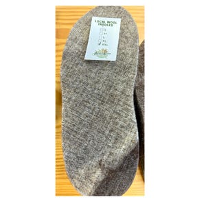 Puede incluir: Un par de plantillas de lana gris con una superficie texturizada. Una etiqueta blanca muestra "LOCAL WOOL INSOLES" y opciones de tallas. Las plantillas están diseñadas para colocarse dentro de los zapatos.