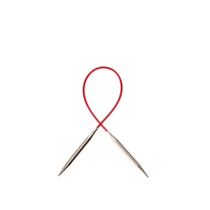 May include: A pair of red circular knitting needles with silver tips.