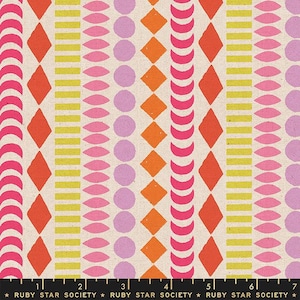 May include: A colorful fabric pattern featuring repeating geometric shapes. The design includes orange diamonds, pink crescent shapes, yellow rectangles, and pink and purple circles and ovals, all set against a cream background. The text "RUBY STAR SOCIETY" is at the bottom.
