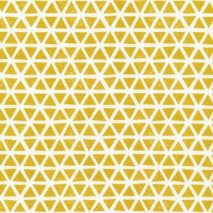 May include: A seamless pattern of yellow triangles on a white background. The triangles are arranged in a repeating pattern, creating a geometric design.