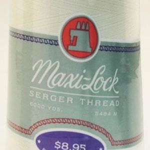 May include: A spool of white Maxi-Lock serger thread by American & Efird. The spool has a red label with a sewing machine logo and the text "Maxi-Lock Serger Thread". The price is $8.95.