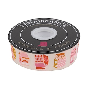 May include: A roll of pink and white ribbon with a repeating pattern of colourful milk cartons. The ribbon is wrapped around a black spool with the text "Renaissance Ribbons & Trims" and the website address "www.renaissanceribbons.com".
