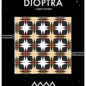 Puede incluir: Un patrón de colcha llamado "Dioptra" de Miss Make. El patrón presenta un diseño geométrico con cuadrados y estrellas negros, blancos, rojos y amarillos sobre un fondo beige.