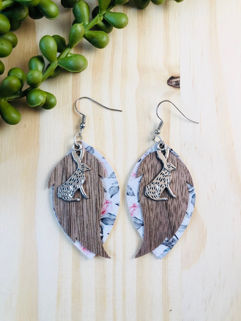 and Faux Leather Drop Earrings. Wood Rabbit