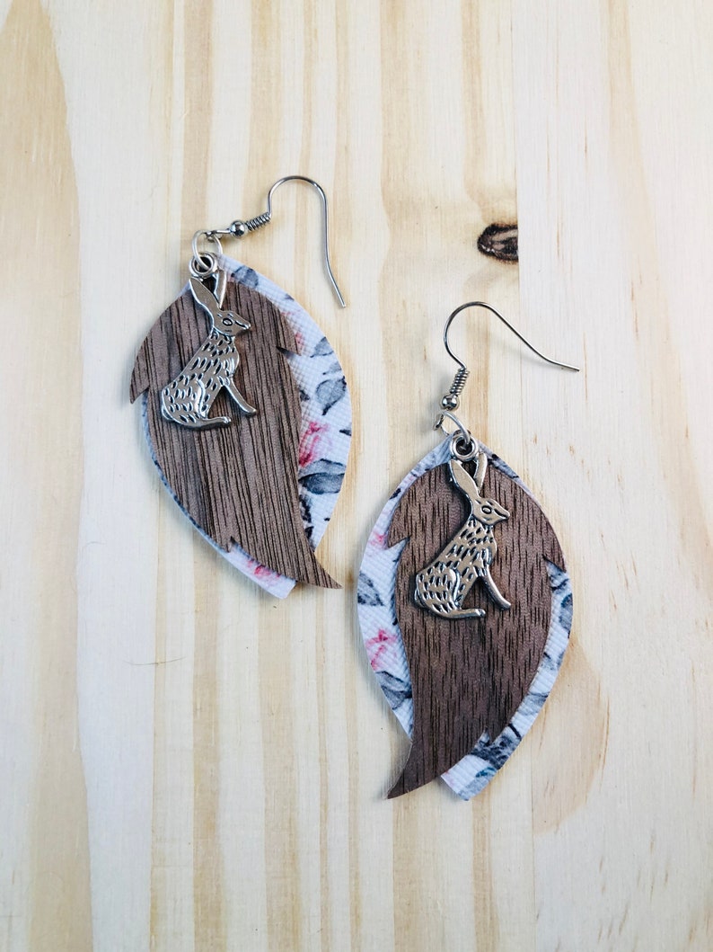 and Faux Leather Drop Earrings. Wood Rabbit