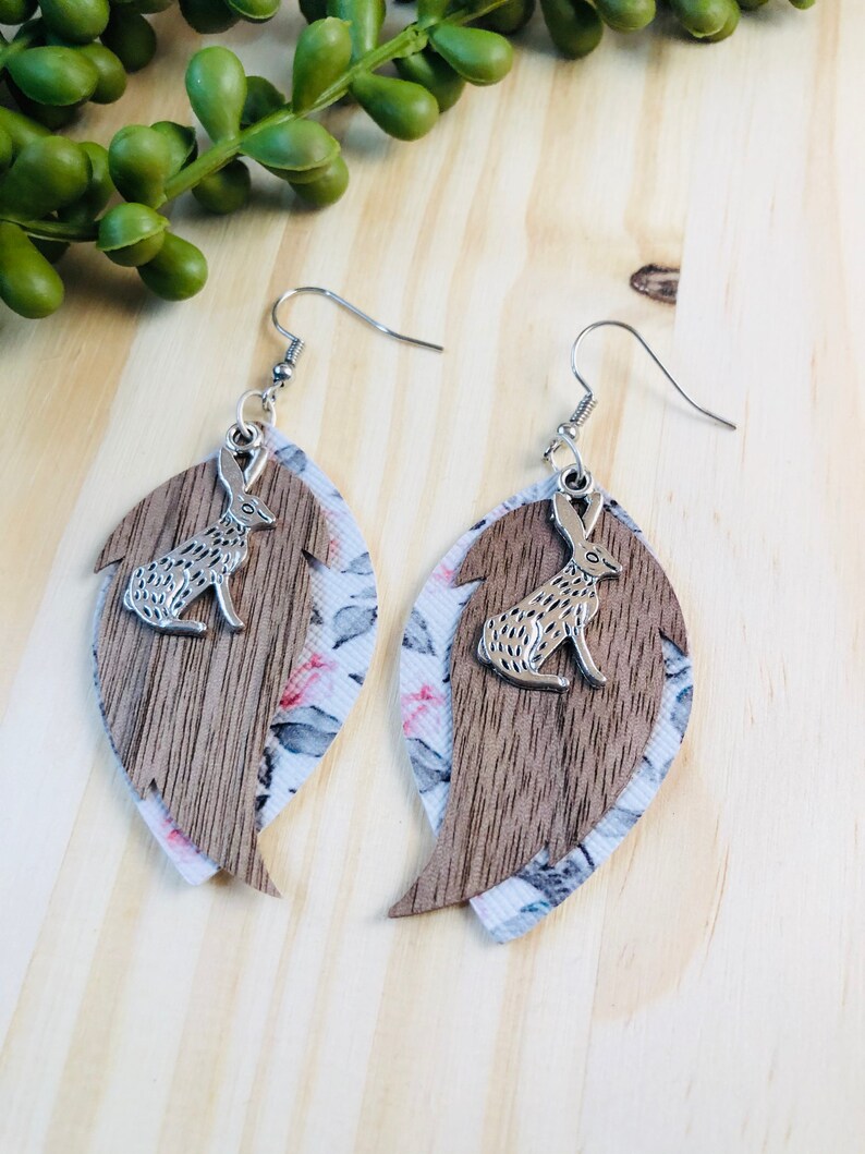and Faux Leather Drop Earrings. Wood Rabbit