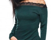 Emerald Angora sweater Winter Autumn Sweater for woman Open shoulders sweater Lace occasion sweater off shoulder top Evening sweater Green