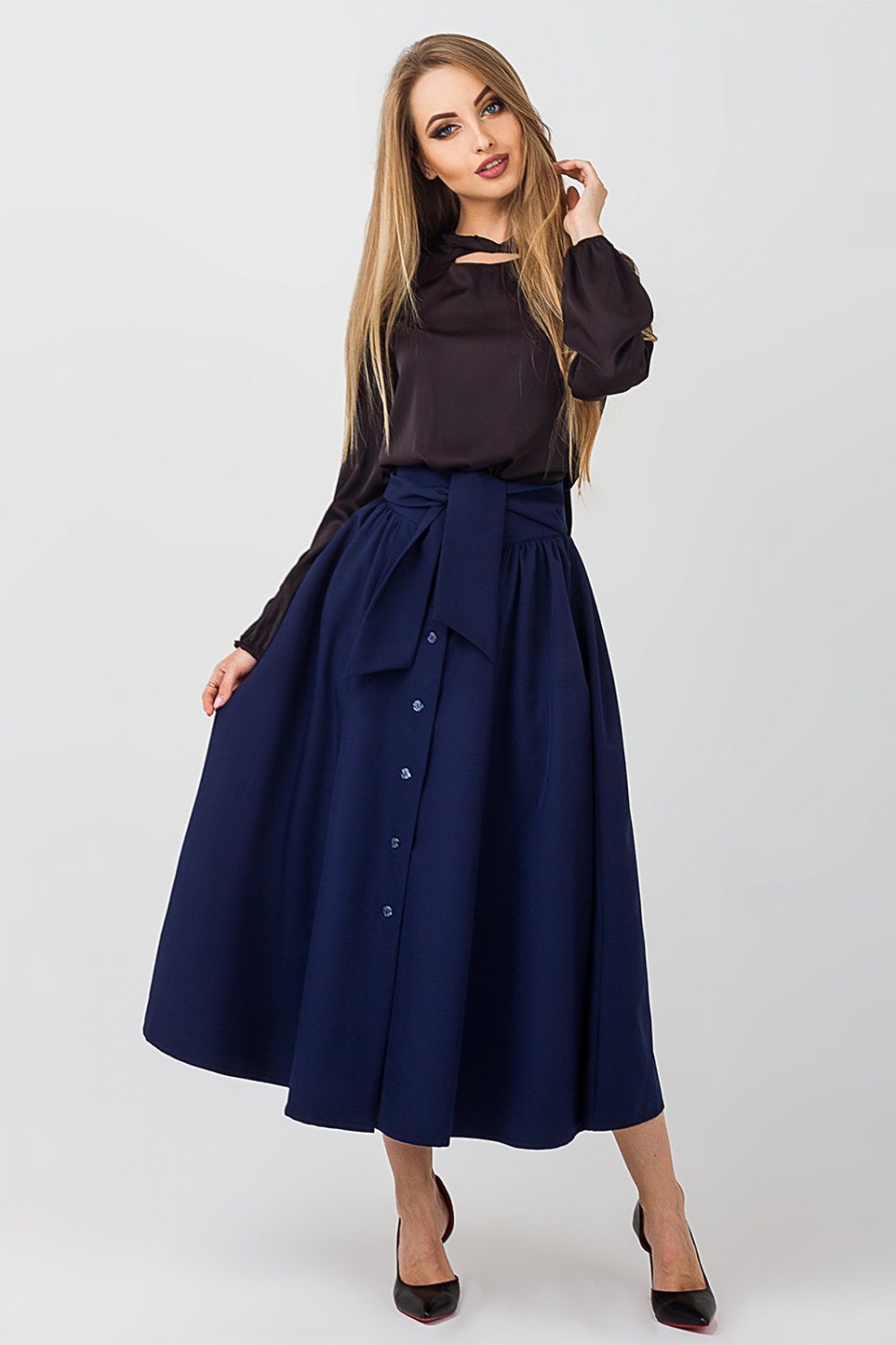 Fashion skirt Belt Spring skirt Dark blue skirt Occasion skirt | Etsy