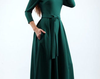 long sleeve dark green dress