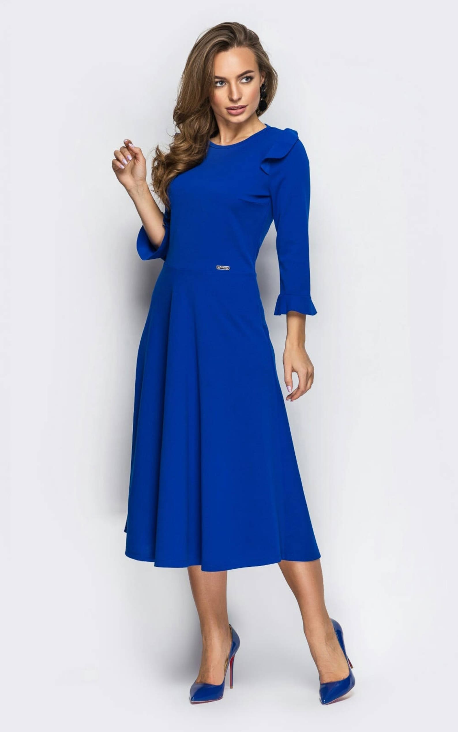 Kobalt blauwe jurk Lente jurk lady's jurk Midi blauwe jurk Etsy