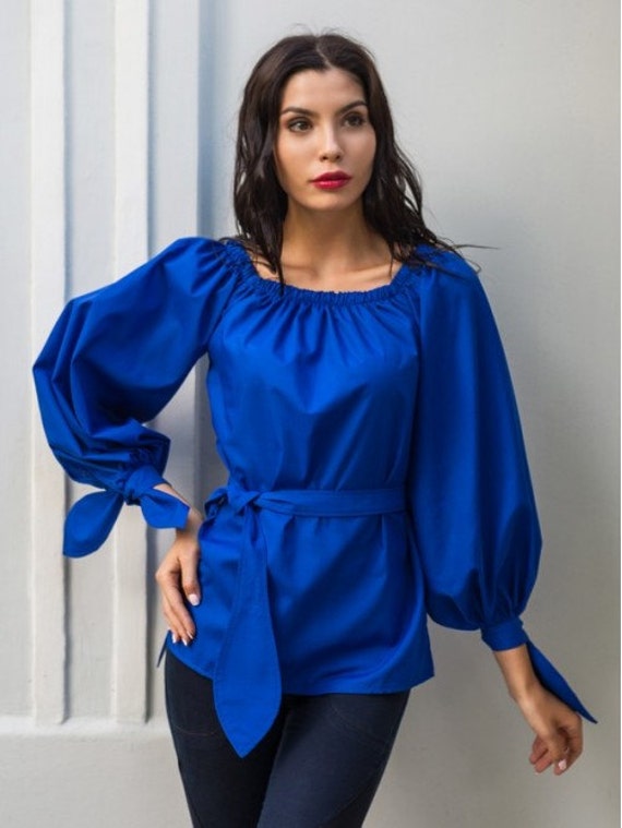 Cotton blouse Royal blue top Summer blouse Autumn Spring woman | Etsy