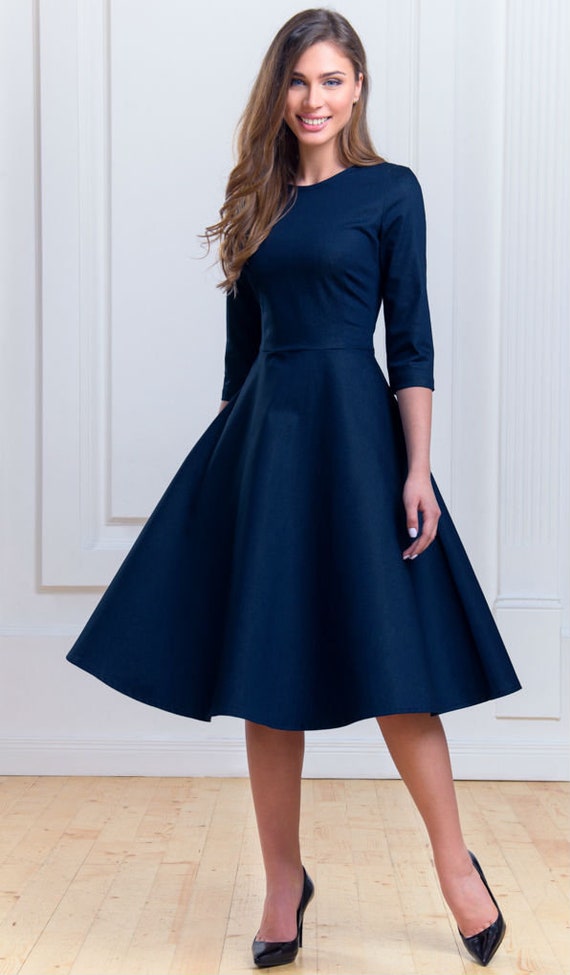 Dark blue dress Spring dress Summer Midi dress Elegant Casual | Etsy