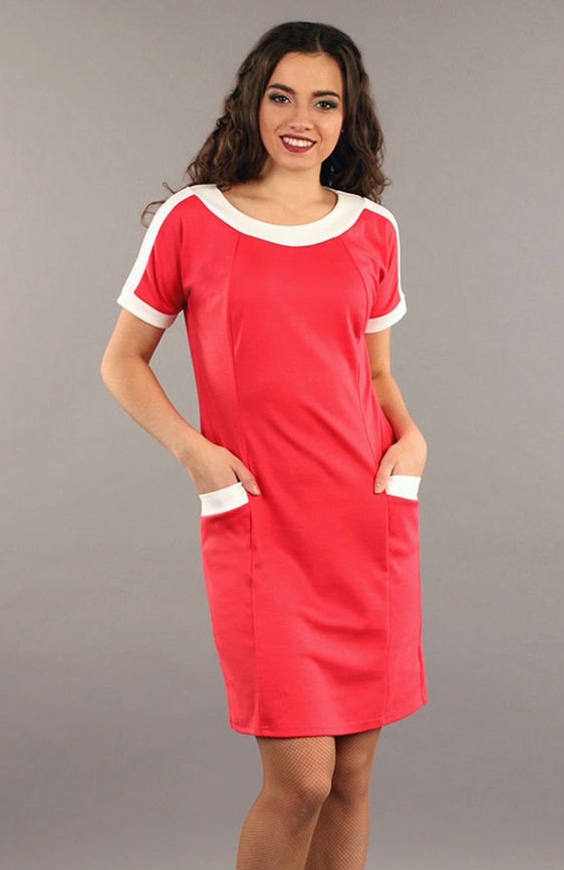 Red Dress Contrast Dress Casual Dress Office Dress With Etsy