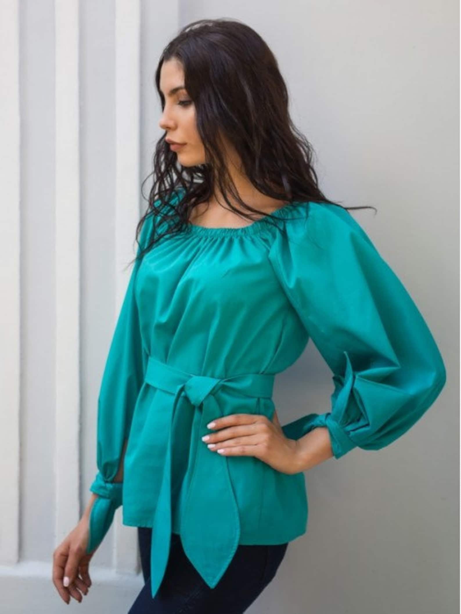 Turquoise cotton blouse Shirt long sleeves Autumn Blouse with | Etsy