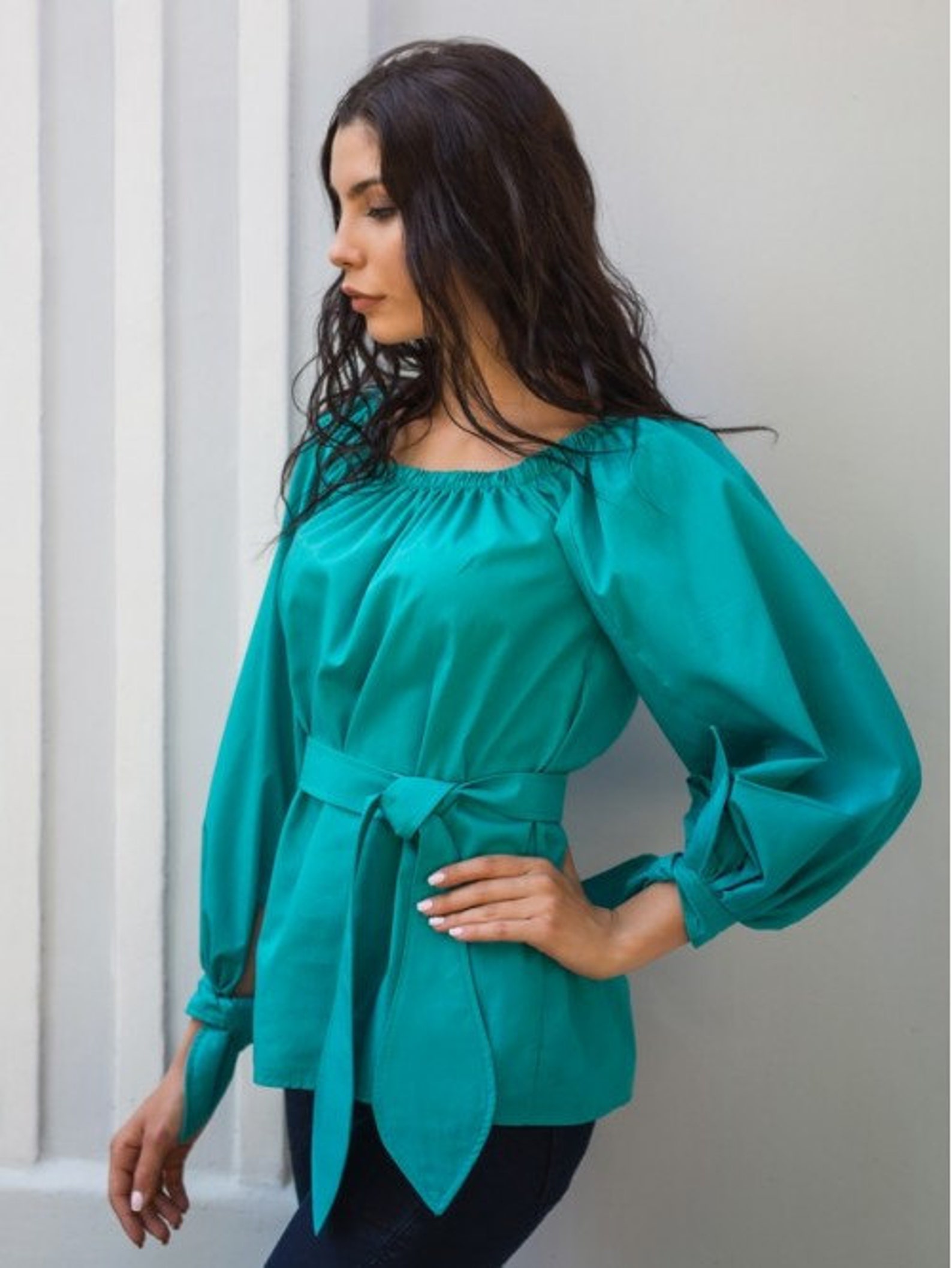 Turquoise cotton blouse Shirt long sleeves Autumn Blouse with Etsy