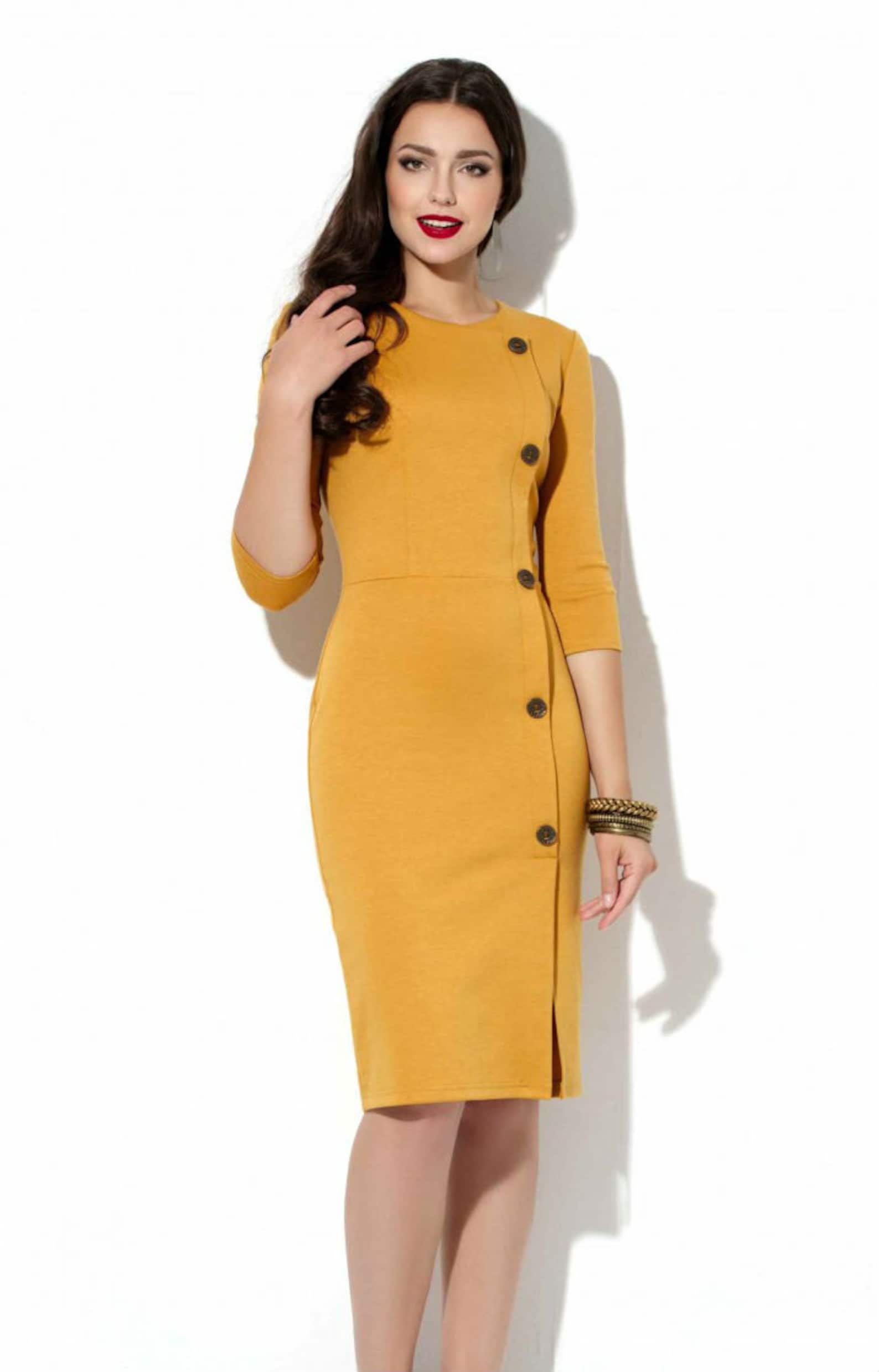 Mustard jersey dress Office yellow dress Autumn dress Spring Etsy