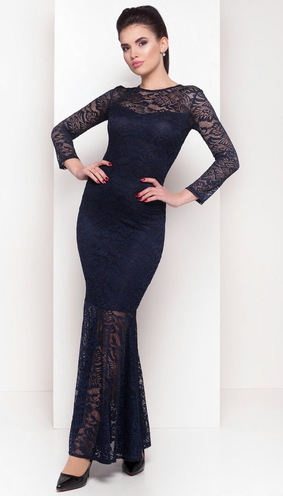 dark blue lace dress