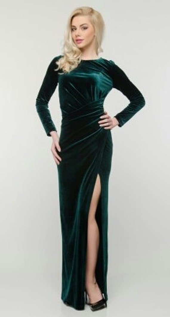 long dark green velvet dress