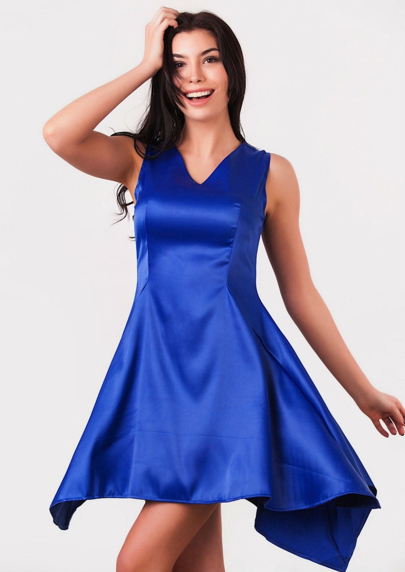 Royal blue dress Satin dress Cobalt blue dress Summer Dress Asymmetric party dress Sleeveless dress Fashion dress Formal dress Evening Dress