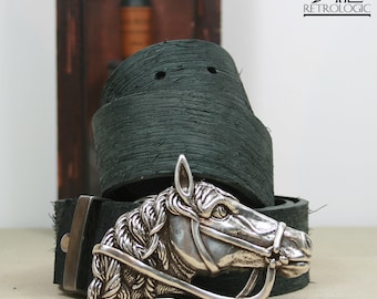 Black Natural Leather Belt with Horse Buckle, Handmade Belt, Horse