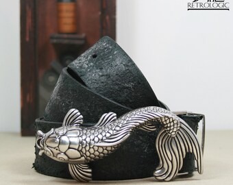 Veil Fish Koja Buckle, Black Natural Leather Belt, Handmade Belt