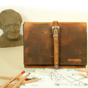 Refillable leather sketchbook with pencils, Handmade sketchbook, Artists gift