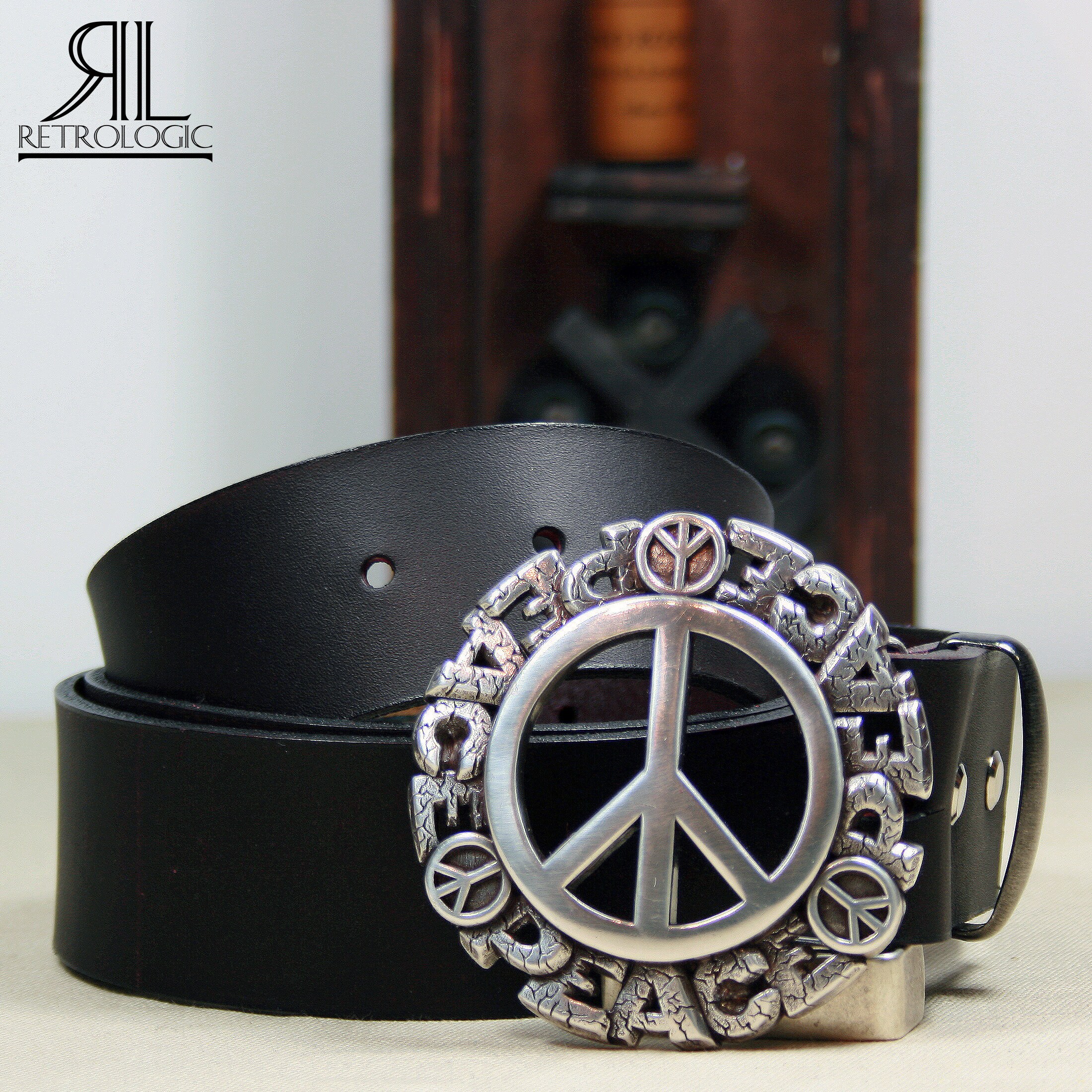Handmade peace belt buckle with reversible belt Artisan Handcrafted My World Peace Sign Belt Buckle - Cellar  main image 2