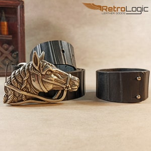 Black Embossed Leather Belt & Bracelet, Limited Edition Set, Horse Belt Buckle