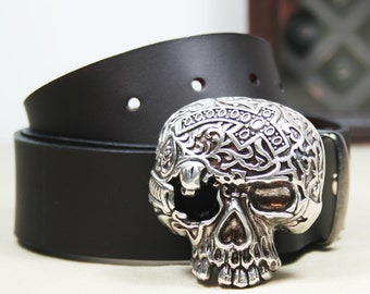 Black Natural Leather Belt with Skull buckle, Handmade Belt