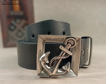 Silver Anchor Buckle, Natural Black Leather Belt 