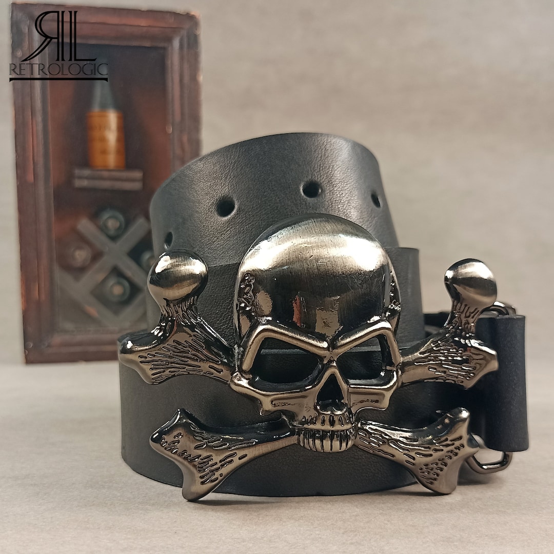 Black Natural Leather Belt With Skull Buckle Handmade Belt - Etsy
