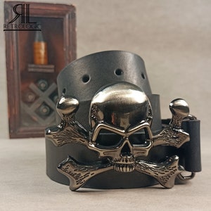 Black Natural Leather Belt with Skull Buckle, Handmade Belt, Pirate, Easy Rider