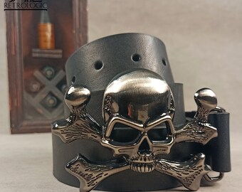 Black Natural Leather Belt with Skull Buckle, Handmade Belt, Pirate, Easy Rider