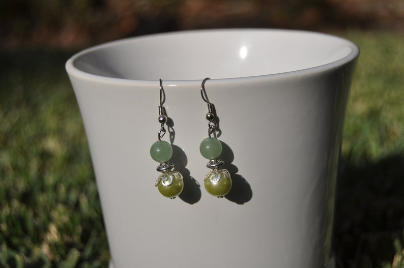 Green and silver simple dangle earrings