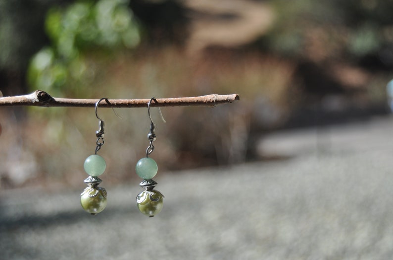 Green and silver simple dangle earrings