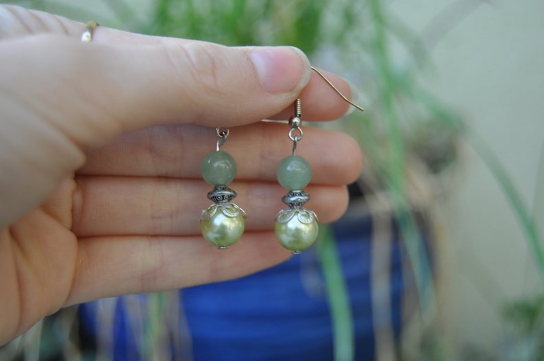 Green and silver simple dangle earrings