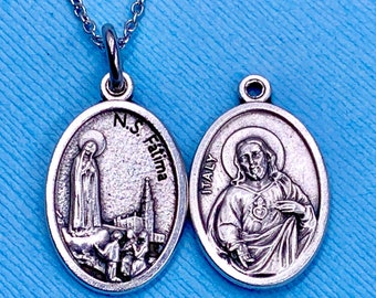 Our Lady of Fatima Necklace Sacred Heart of Jesus Necklace SHJ Medal Our Lady of Fatima Medal Stainless Steel Chain Choice Gift Box