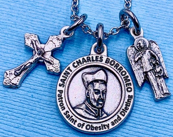 St Charles Borromeo Necklace Patron Saint of Dieting Crucifix Necklace Guardian Angel Necklace Stainless Steel Chain Choice Gift Box