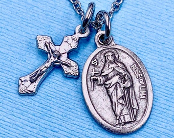 Gardeners Florists St Rose of Lima Necklace St Rose of Lima Medal Crucifix Necklace Catholic Necklace Stainless Steel Chain Choice Gift Box