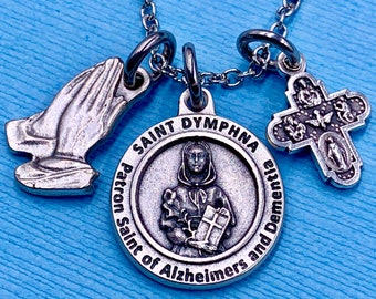 Alzheimers Dementia St Dymphna Necklace,4 Way Medal Necklace,Praying Hands Medal,Alzheimers Necklace,Dementia Necklace,Chain Choice,Gift Box