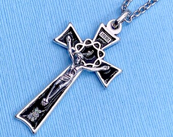 Black Crown of Thorns Necklace Large Crucifix Necklace Catholic Necklace Catholic Crucifix Necklace Stainless Steel Chain Choice Gift Box